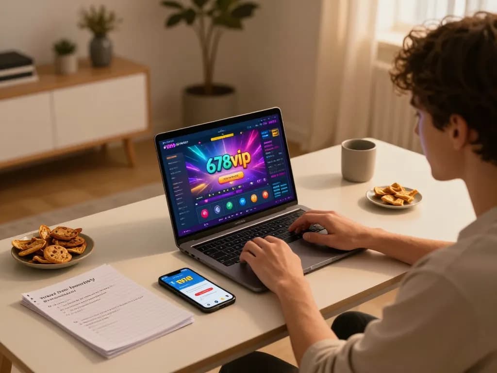 Engaging online gaming experience with 678vip casino on a laptop, depicting a cozy ambiance.