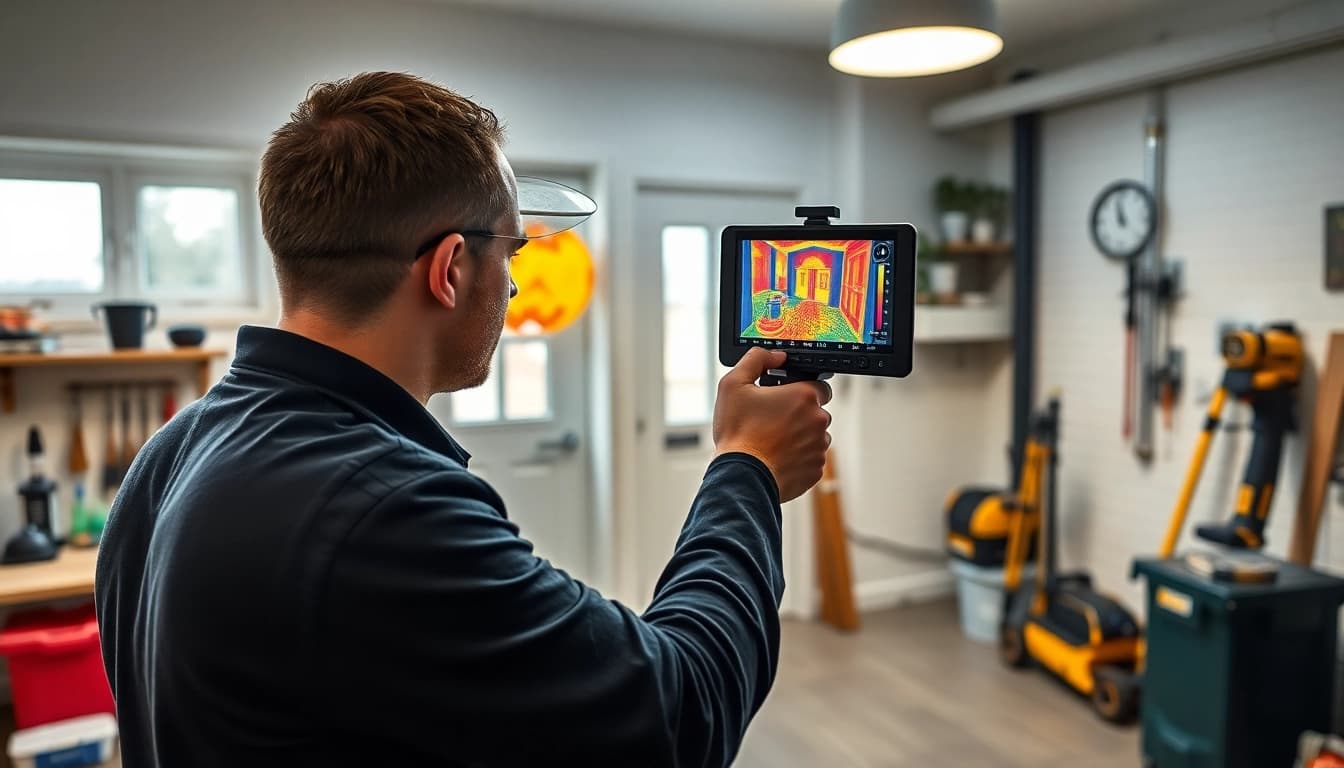 Technician conducting hidden leak detection with thermal imaging technology in a home environment.