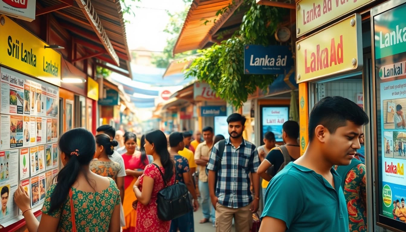 Lanka Ad marketplace scene showcasing vibrant interactions and colorful advertisements in Sri Lanka.