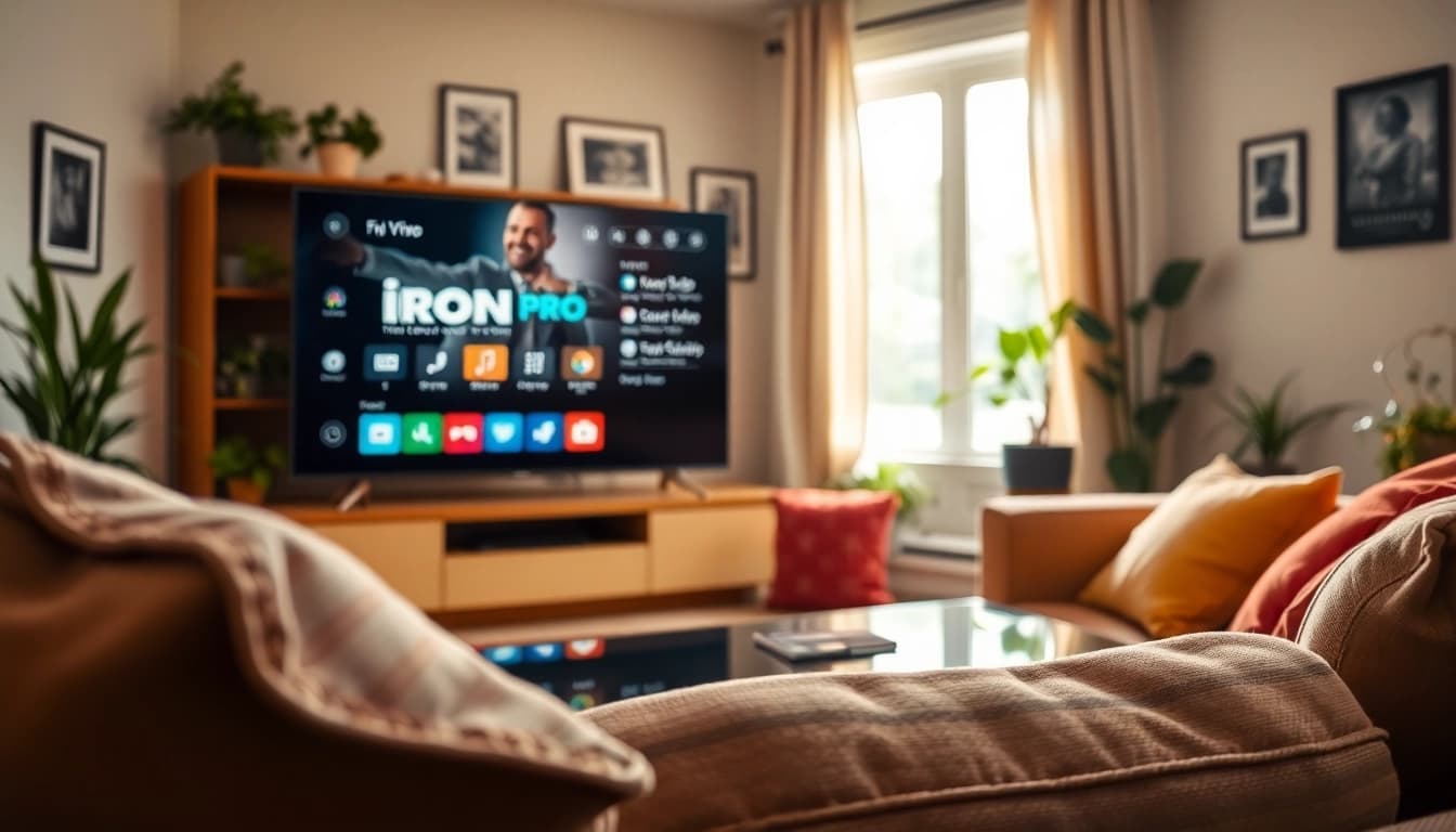 Watch the "iron tv pro" interface on a stylish TV in a cozy living room.