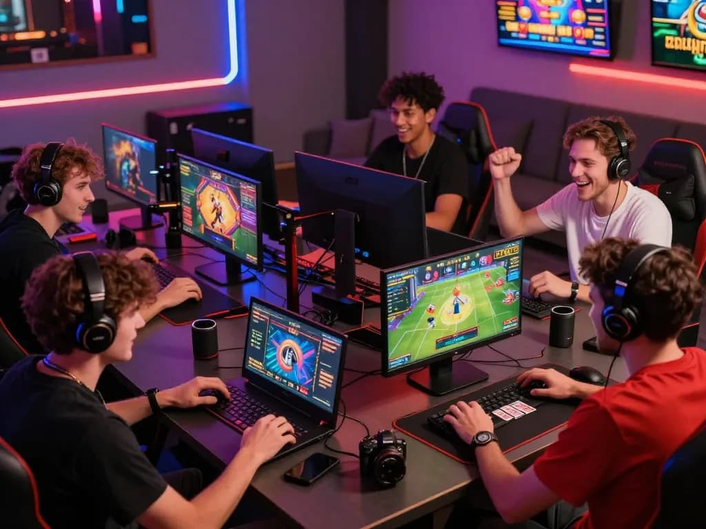 sunwin gaming enthusiasts engaged in competitive online play with vibrant graphics and accessories