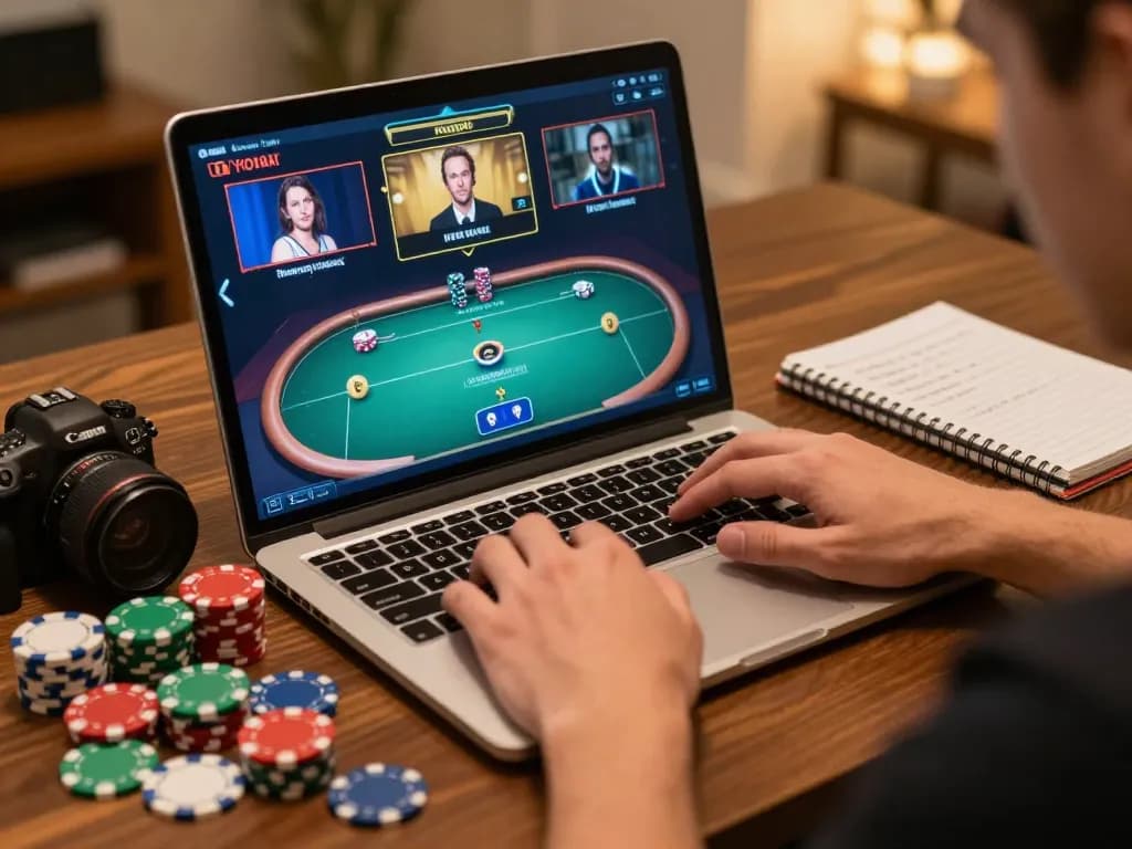 Engaged player optimizing poker strategy on cm88 online gaming platform with laptop and notes.