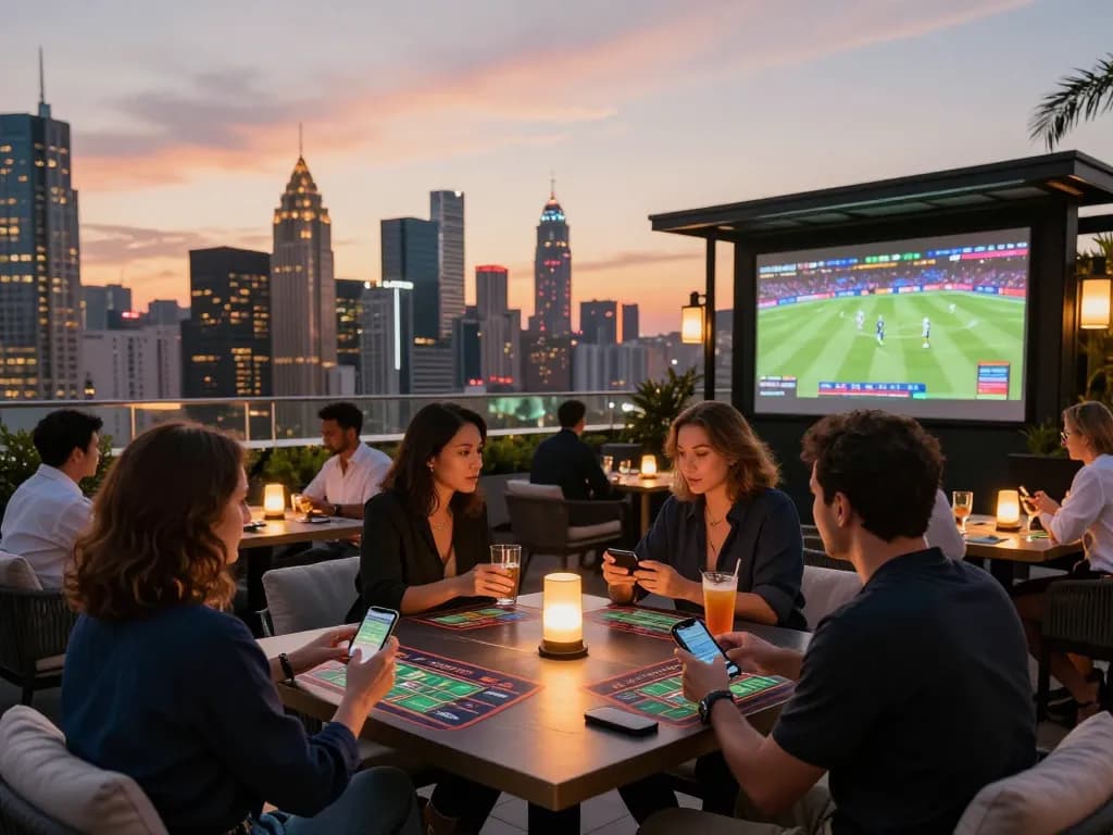 E2BET sports betting excitement with friends on a luxury rooftop terrace.