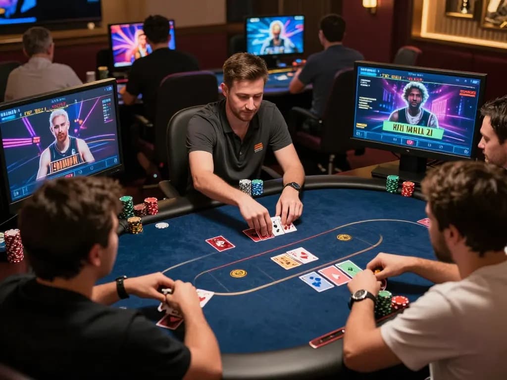 Players engaging in an online poker game at Kwin, showcasing avatars and cards in a dynamic virtual casino.