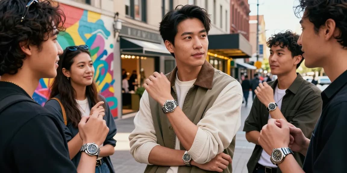 Stylish individual showcasing super clone watches in an urban setting, surrounded by friends admiring the collection.
