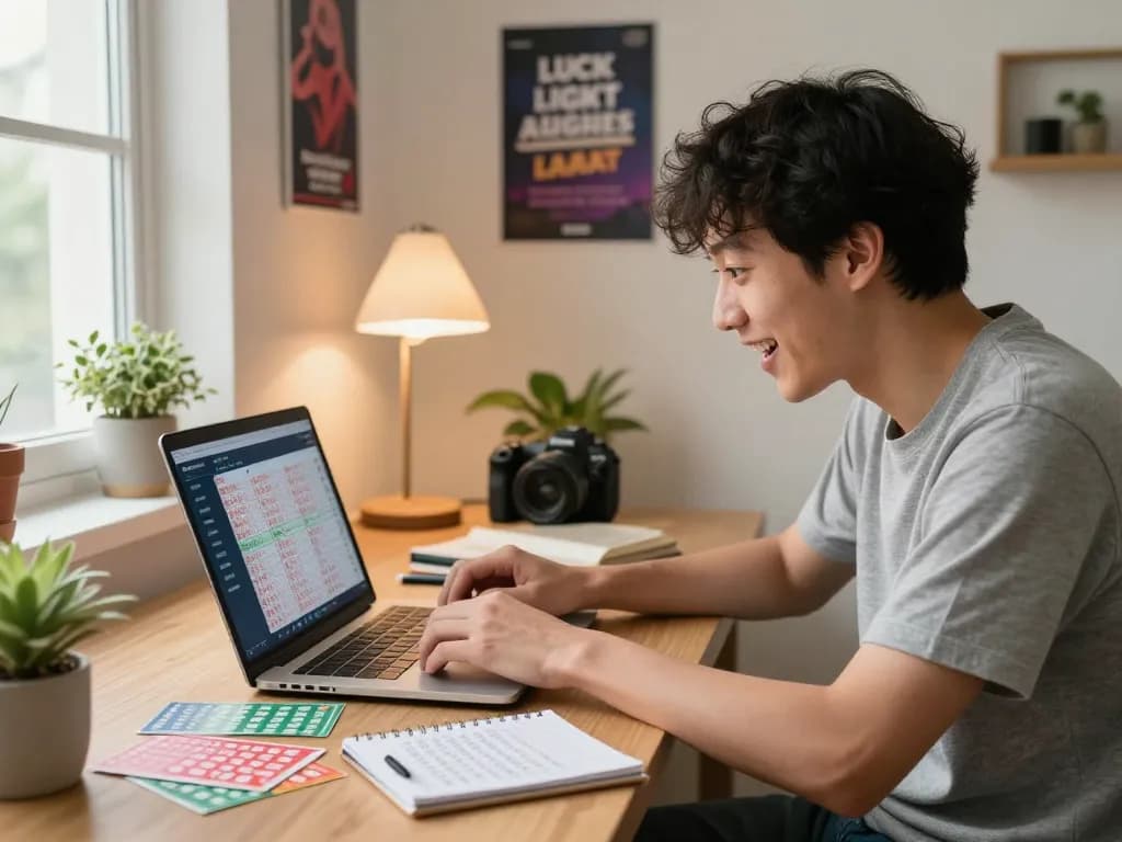 Online lottery betting experience at home with excitement for numbers from https://significance.uk.com/ amidst colorful tickets and a cozy workspace.