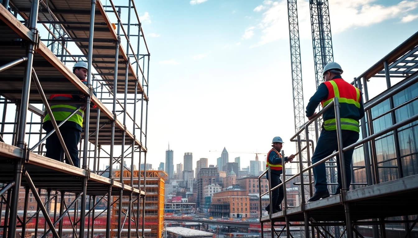 Scaffolding Manchester showcased through construction workers setting up at a vibrant site.