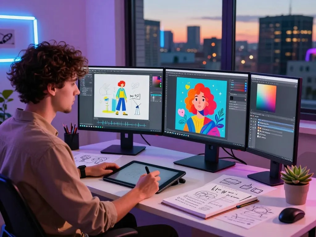 Creative professional leveraging nano banana 2 AI editor in a vibrant digital art studio setting.