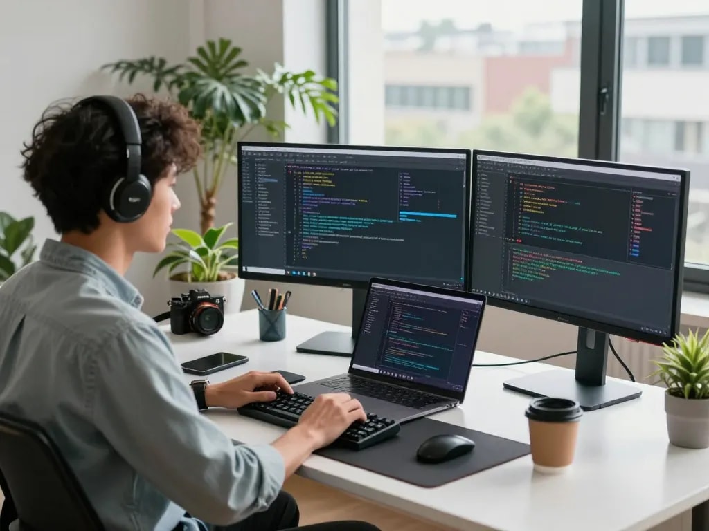 Developer using clawbot at a modern workspace with multiple screens and tech elements.