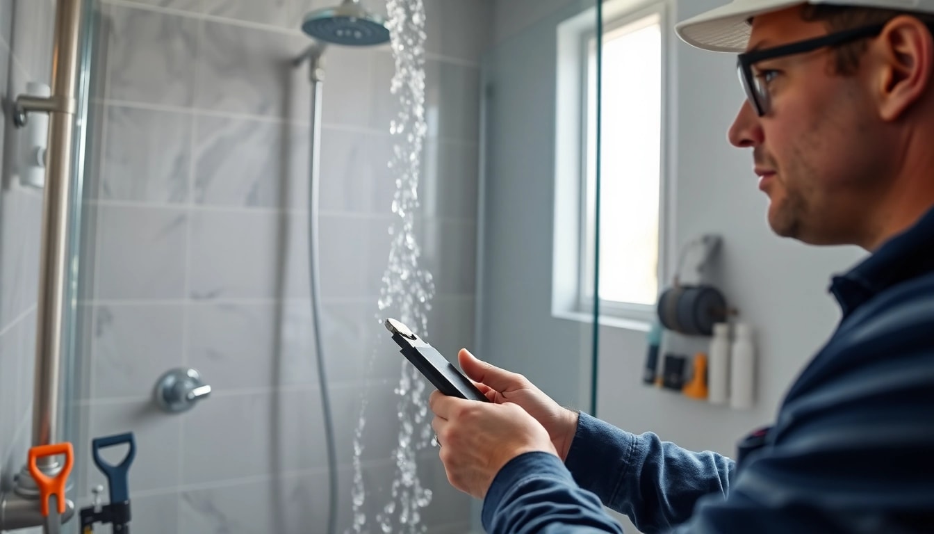 Plumber troubleshooting a shower not working in a modern bathroom setting.