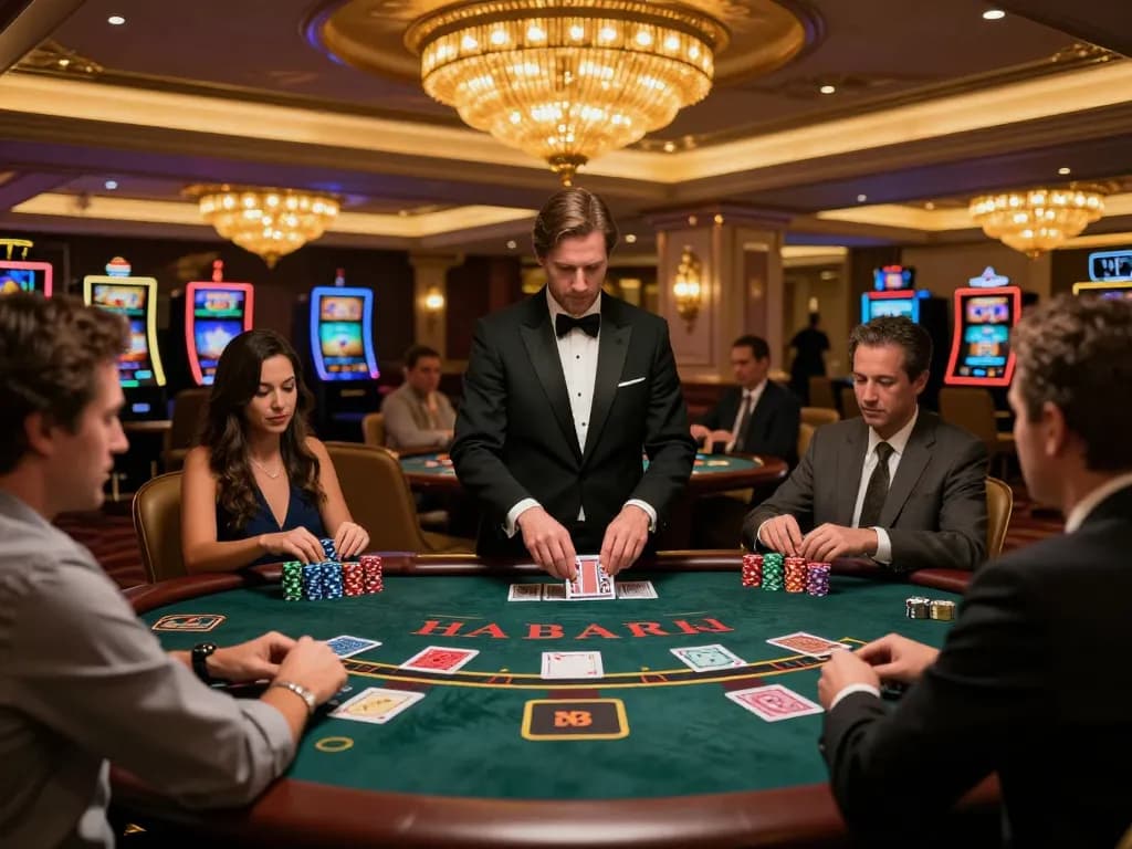 Link uu88 showing a thrilling blackjack game in an upscale casino with engaged players.