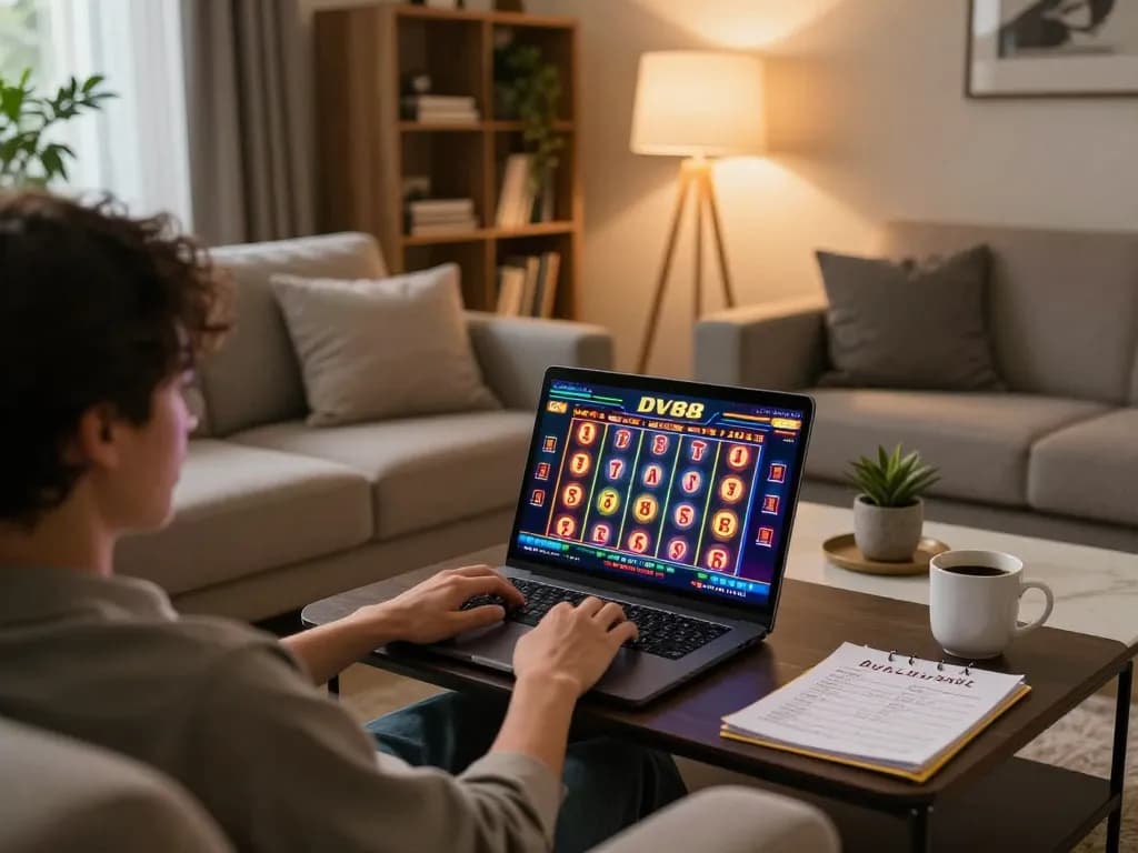 Engaging in online casino games at home with DV88 platform on laptop, highlighting comfort and strategy