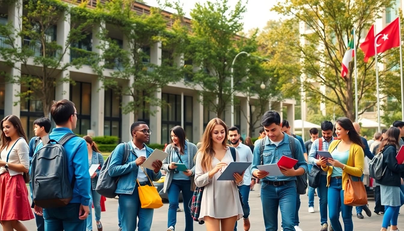 Students engaging in collaborative learning at Bahcesehir University apply campus in Istanbul, showcasing diversity and academic vibrancy.