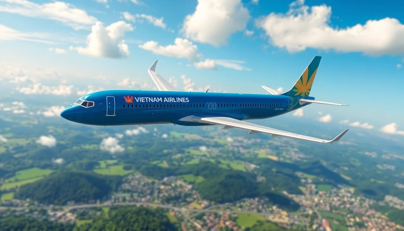 VN168 flight by Vietnam Airlines soaring above Vietnam's lush landscapes and vibrant cities.