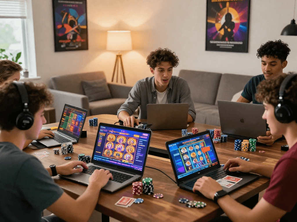 Players having fun at non gamstop casinos in a lively home setting with engaging online games and cozy atmosphere.