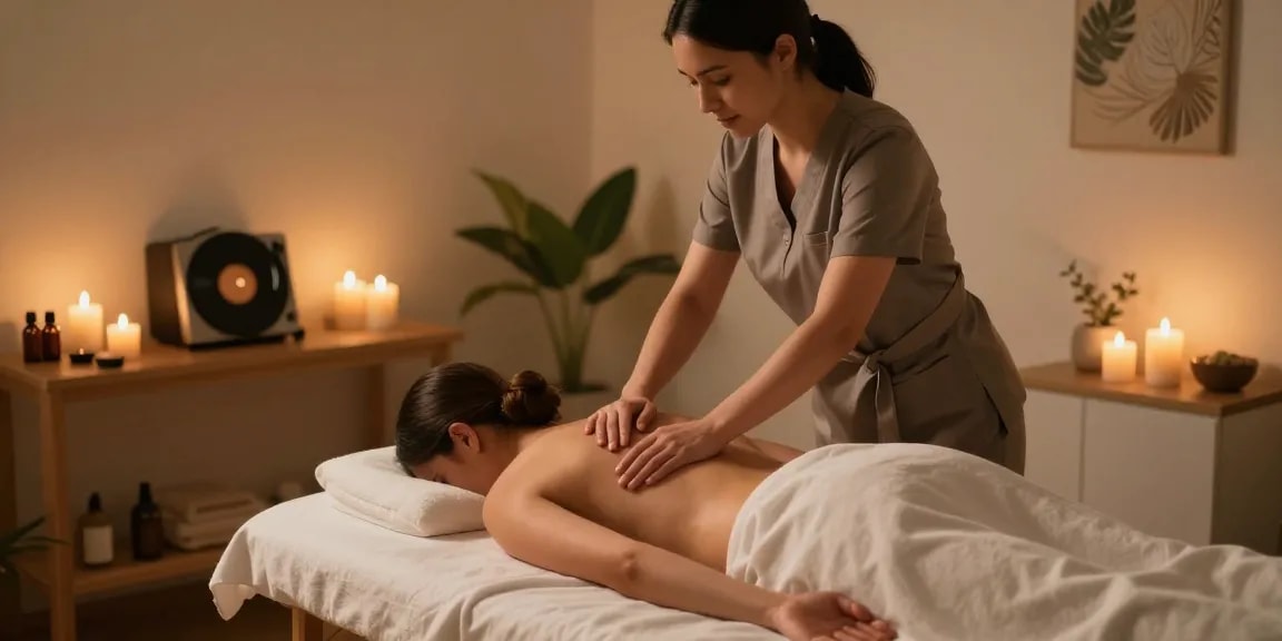 평촌출장마사지 session in a serene wellness studio with a therapist providing relaxation.