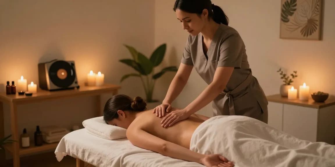 평촌출장마사지 session in a serene wellness studio with a therapist providing relaxation.