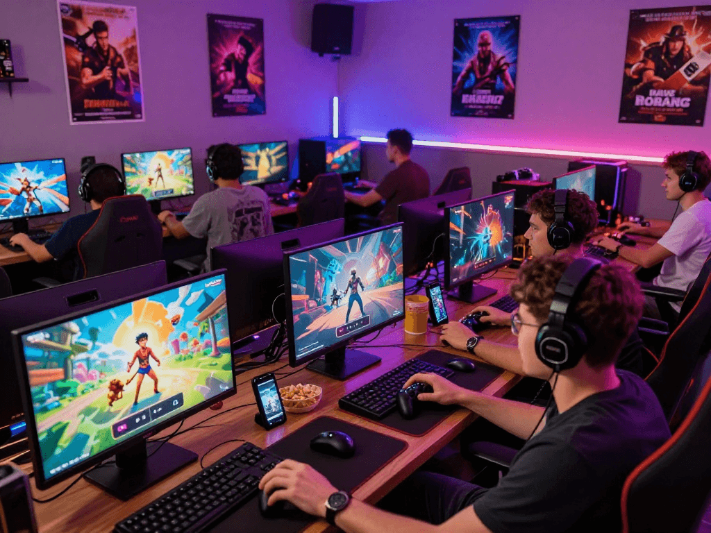 Group enjoying real porn games in a vibrant gaming lounge.