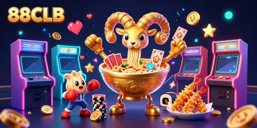 Engage with 88CLB's vibrant casino scene featuring dynamic 3D characters and arcade elements.