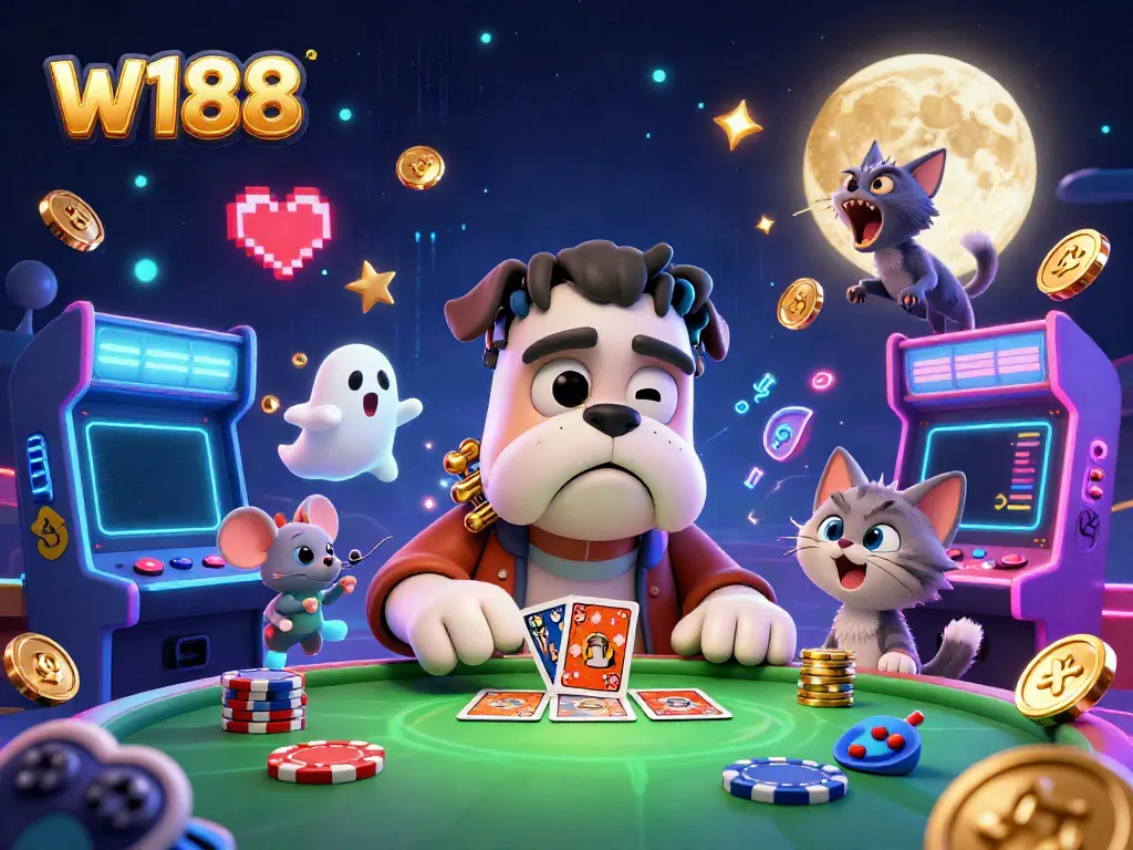 Experience thrilling action at w188 with a cartoon bulldog dealer, ghost mouse, and werewolf kitten in a vibrant casino scene.