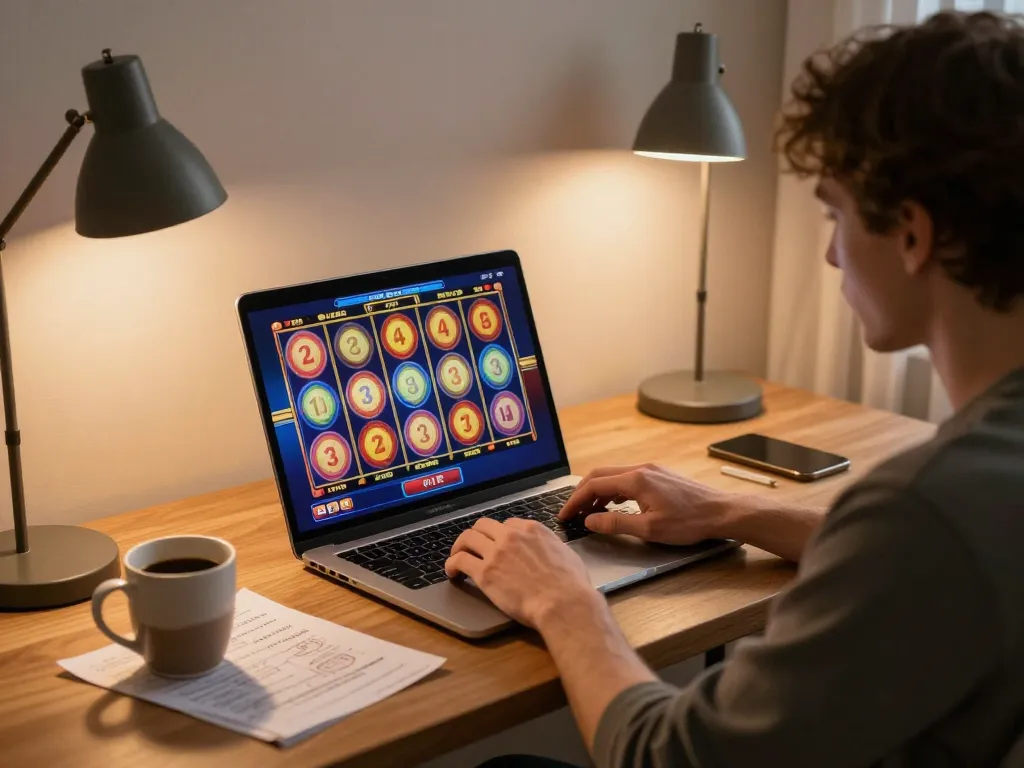 Engaged player spinning reels in Slot Malaysia from a cozy home office setup, showcasing online gaming excitement.