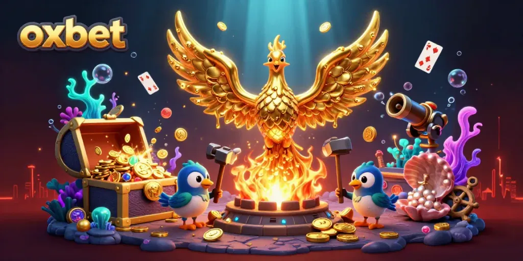 Experience thrilling gaming with Oxbet's vibrant phoenix and gold elements in this dynamic casino illustration.