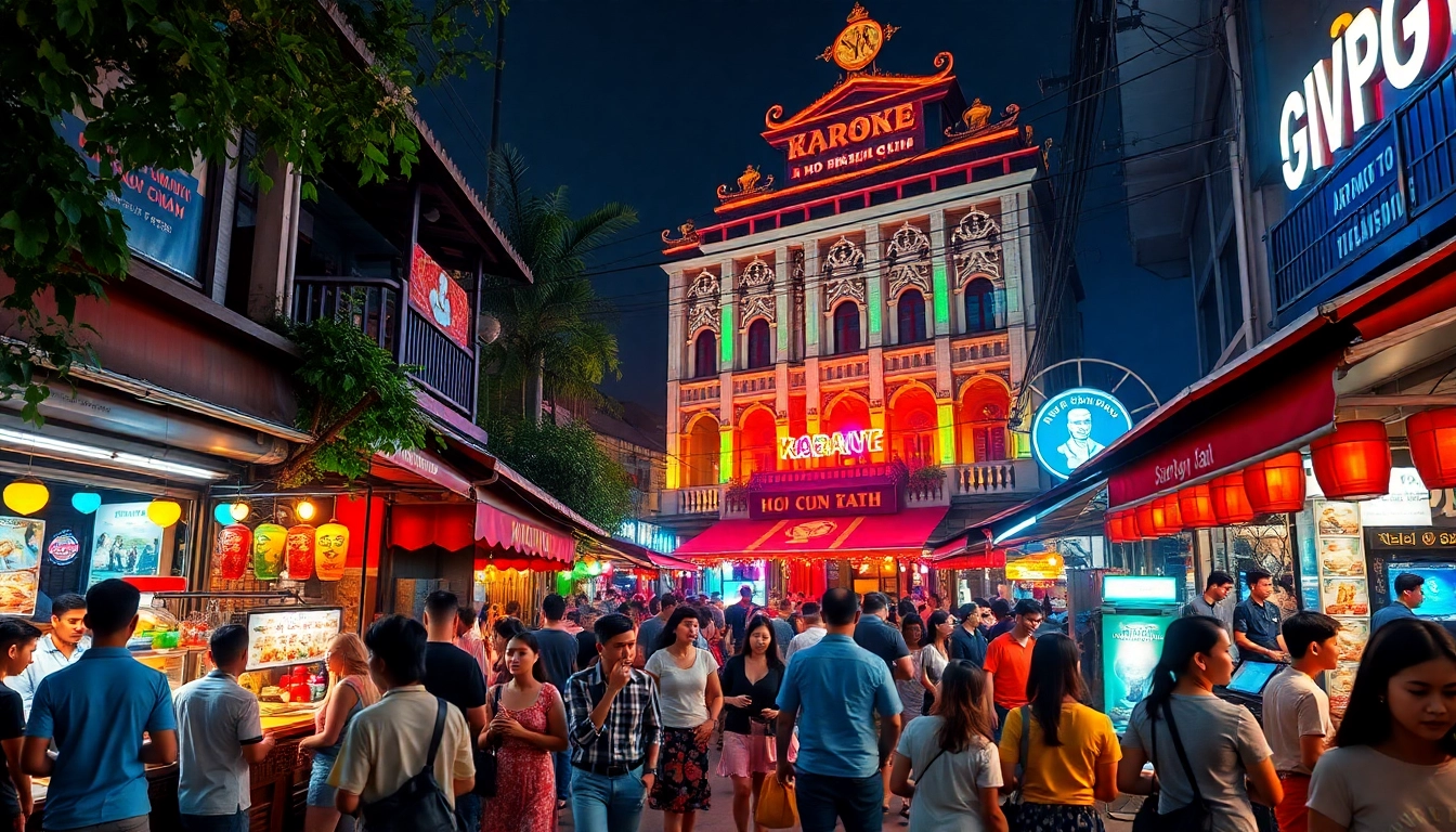 Explore 호치민밤문화 with a vibrant street scene showcasing nightlife, food vendors, and happy patrons in Ho Chi Minh City.
