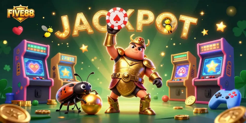 Experience the excitement of FIVE88 with a victorious beetle character amidst vibrant casino elements.
