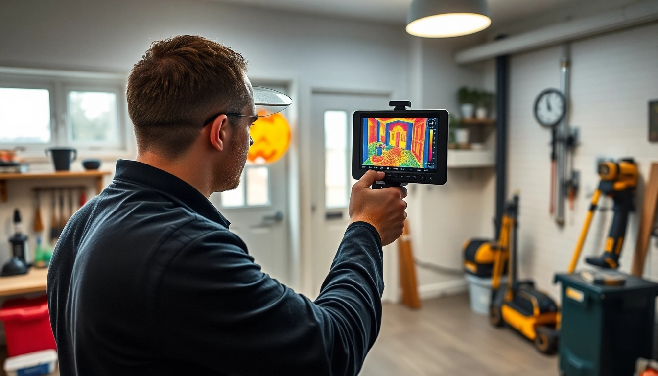 Technician conducting hidden leak detection with thermal imaging technology in a home environment.