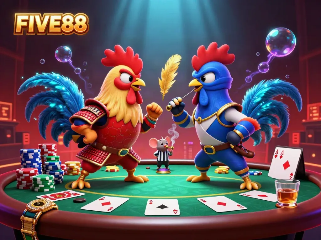 FIVE88 features cartoon fighting roosters in a dramatic clash around poker elements in a rich casino scene.