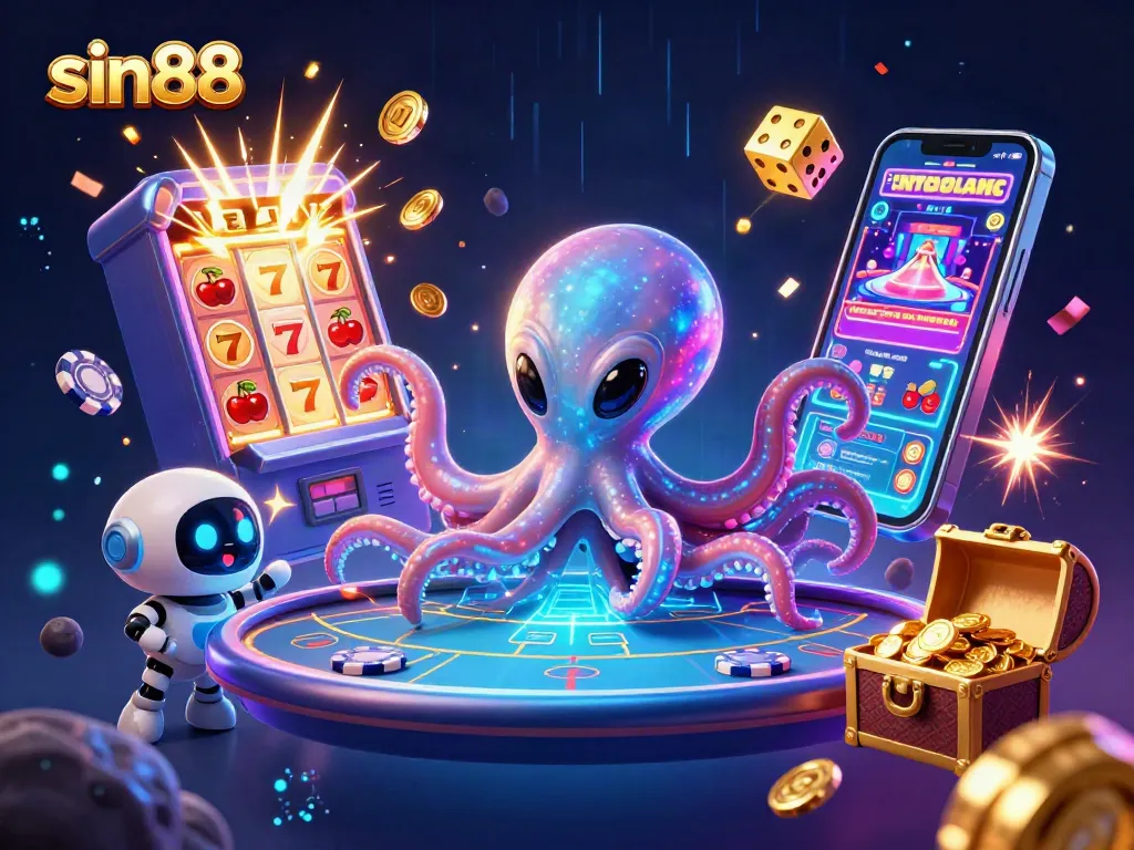 Experience thrilling games at sin88 with alien octopus, poker tables, and jackpot symbols!