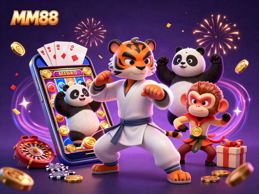 Experience MM88's thrilling casino gameplay with a kung fu master in a vibrant 3D illustration.