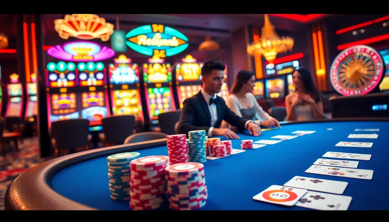 Experience thrilling gambling at fb88's luxurious casino tables with poker chips and roulette wheels.