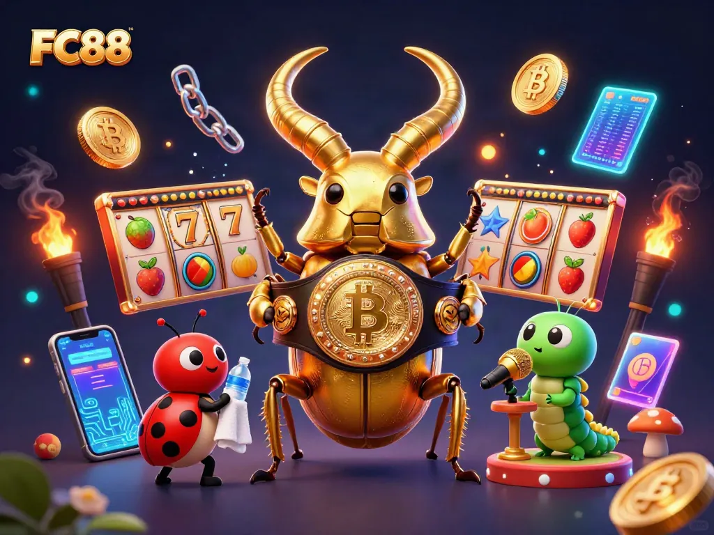 Engage with thrilling FC88 slots featuring a giant beetle champion in a vibrant casino illustration.