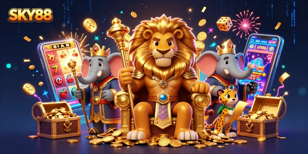 Experience the excitement of SKY88 with a jackpot explosion and vibrant casino elements.