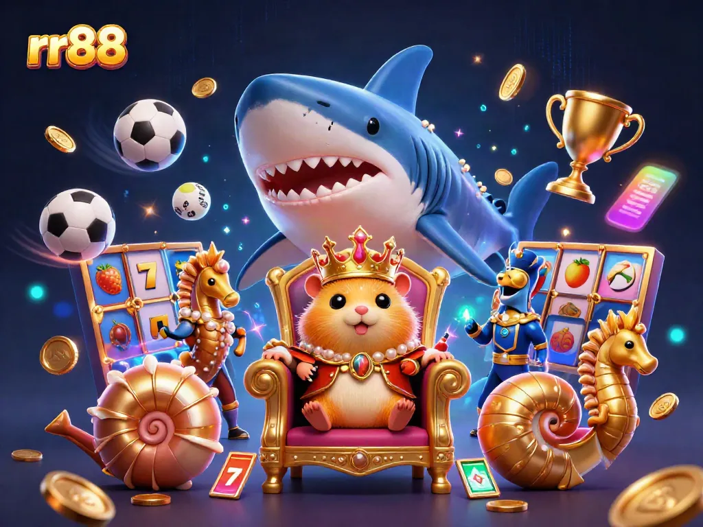 Engage with rr88's dynamic gaming universe, featuring a fierce hamster king on a megalodon throne amidst vibrant slots and sports elements.