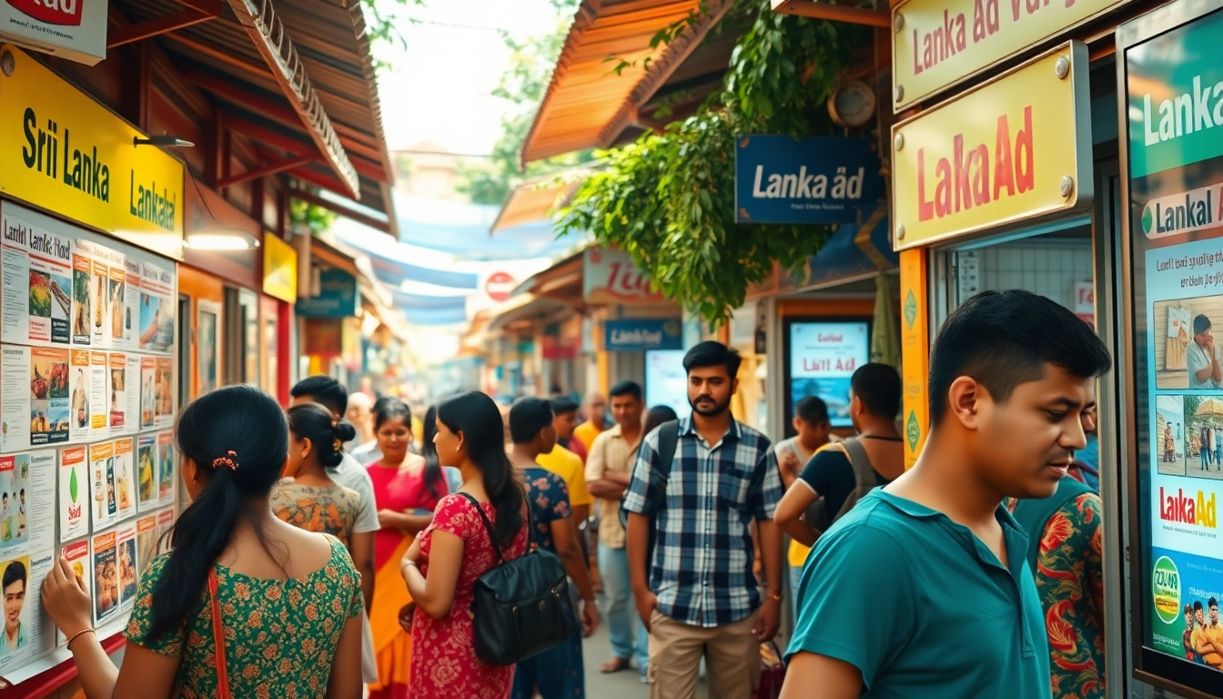 Lanka Ad marketplace scene showcasing vibrant interactions and colorful advertisements in Sri Lanka.