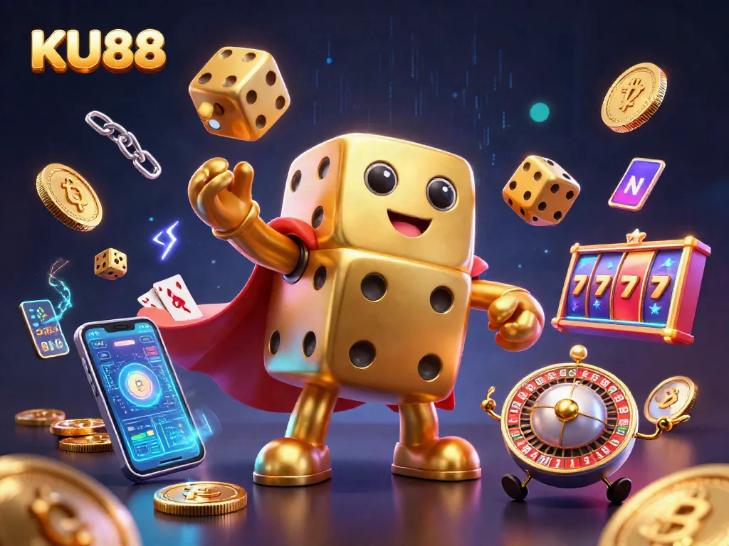 Play exciting games at KU88 with a vibrant array of casino elements in a lively 3D scene.