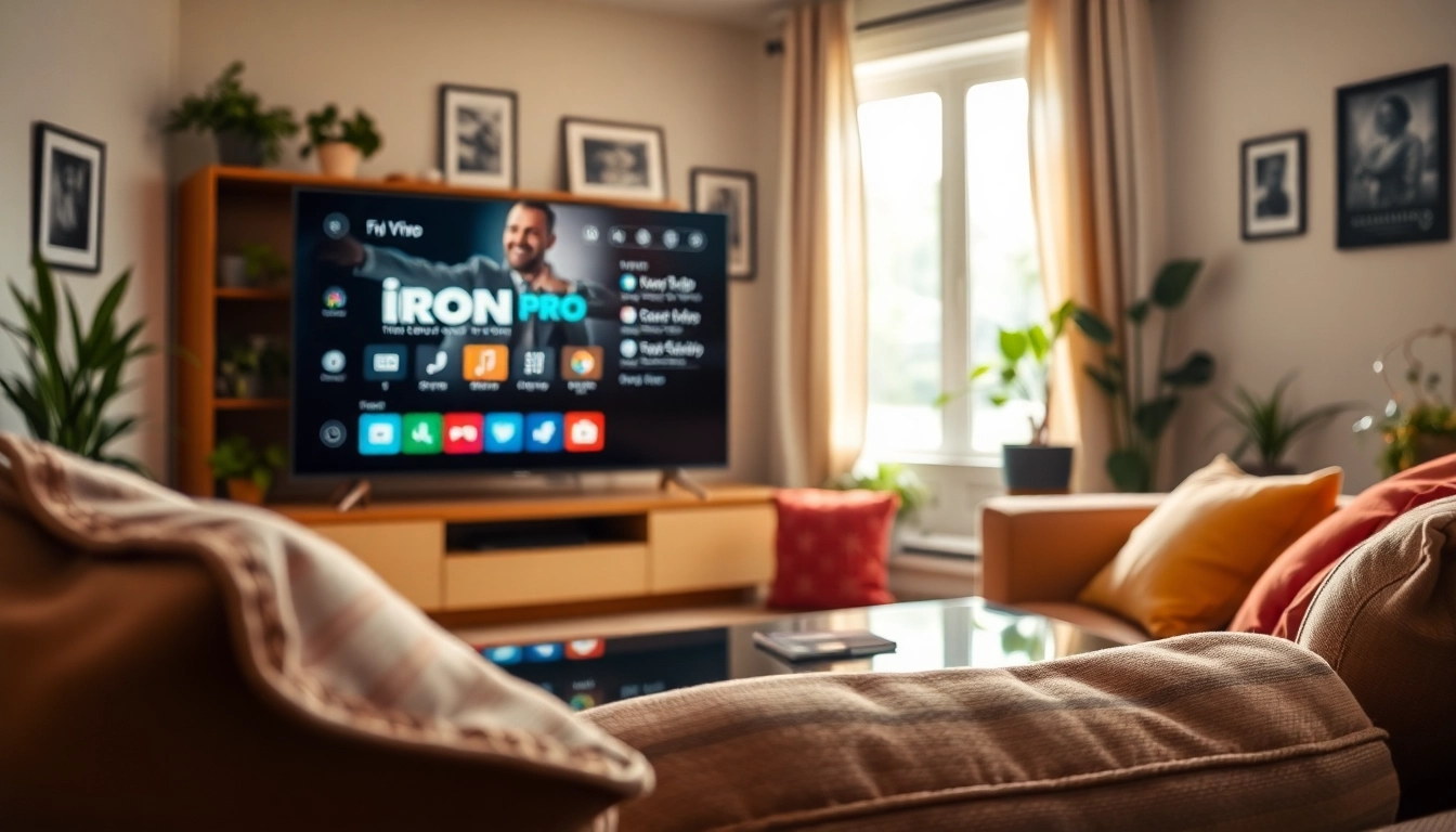 Watch the "iron tv pro" interface on a stylish TV in a cozy living room.