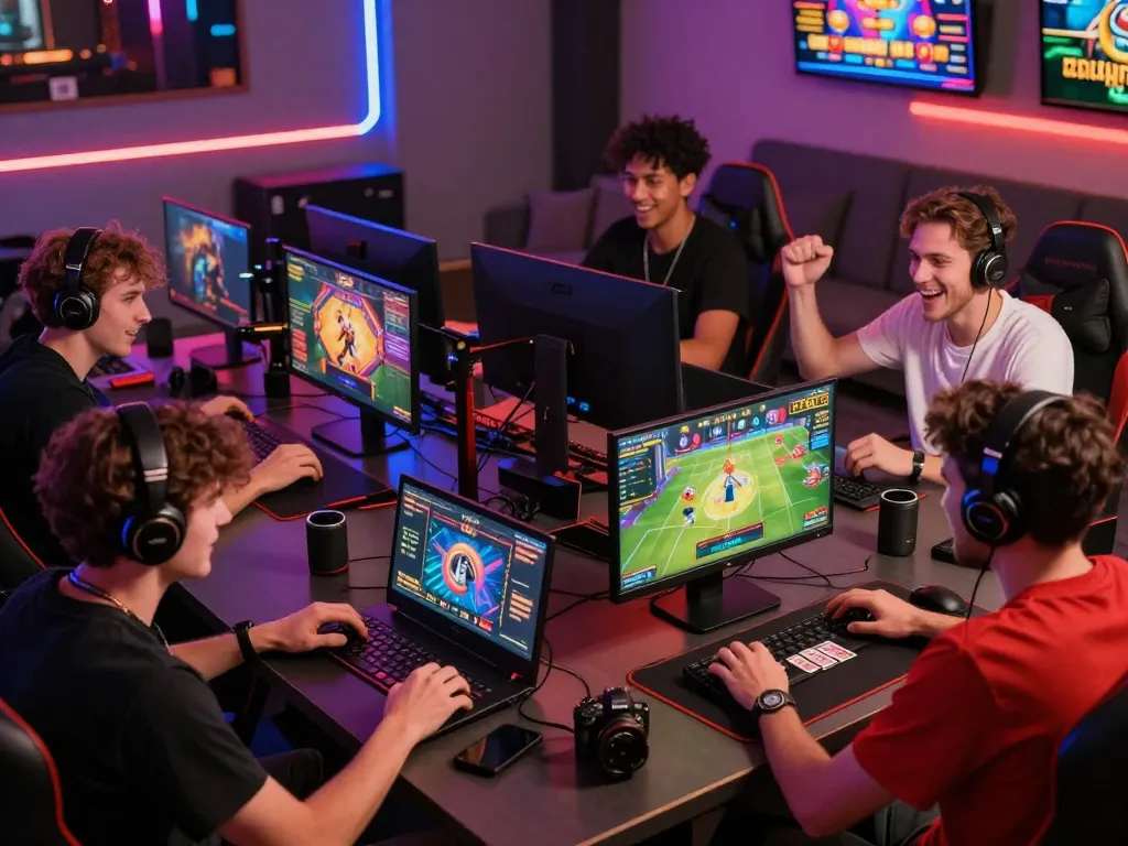 sunwin gaming enthusiasts engaged in competitive online play with vibrant graphics and accessories