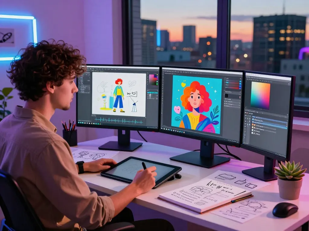 Creative professional leveraging nano banana 2 AI editor in a vibrant digital art studio setting.