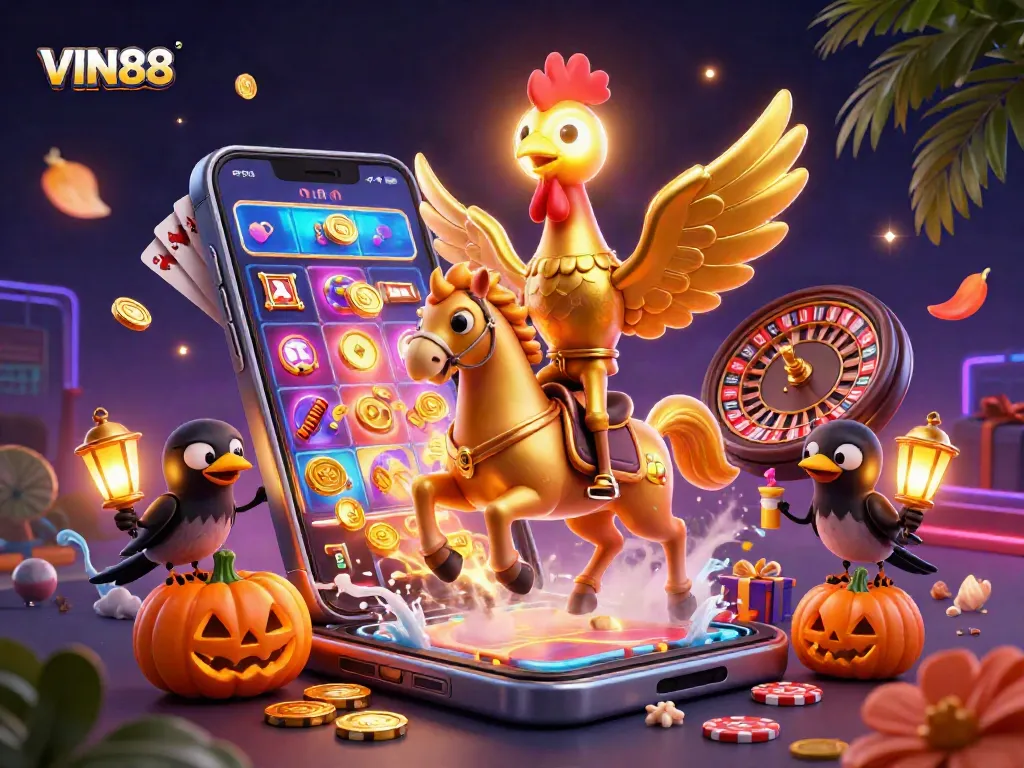 Experience the thrill of VIN88 with vibrant, dynamic casino action featuring a unique golden rooster in a lively gaming scene.