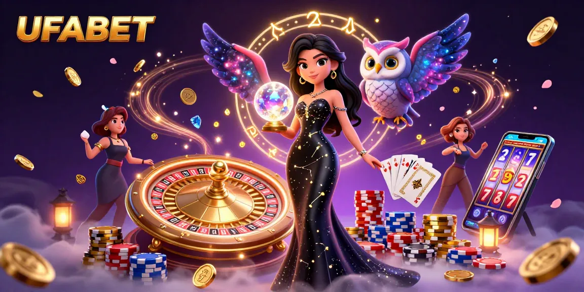 Spin to win with UFABET in this vibrant, detailed casino illustration featuring exciting games and characters.