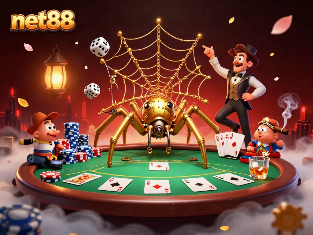 Experience net88's dynamic gaming scene with a steampunk spider and poker delights.