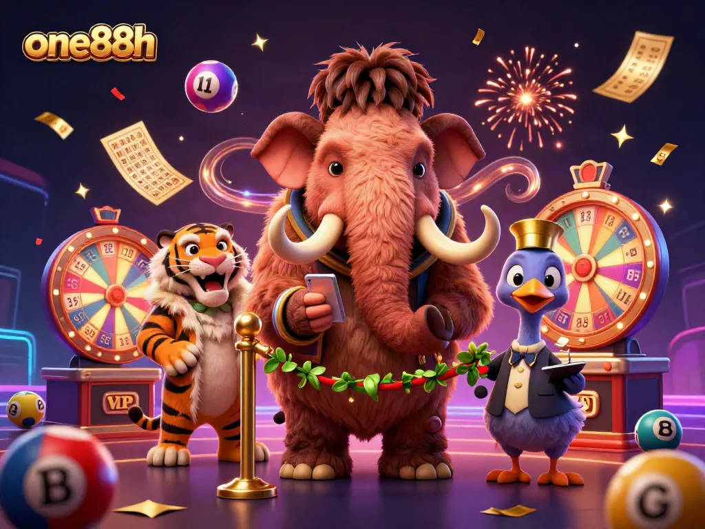 Engage with one88h's dynamic casino scene featuring lively characters and festive game elements.