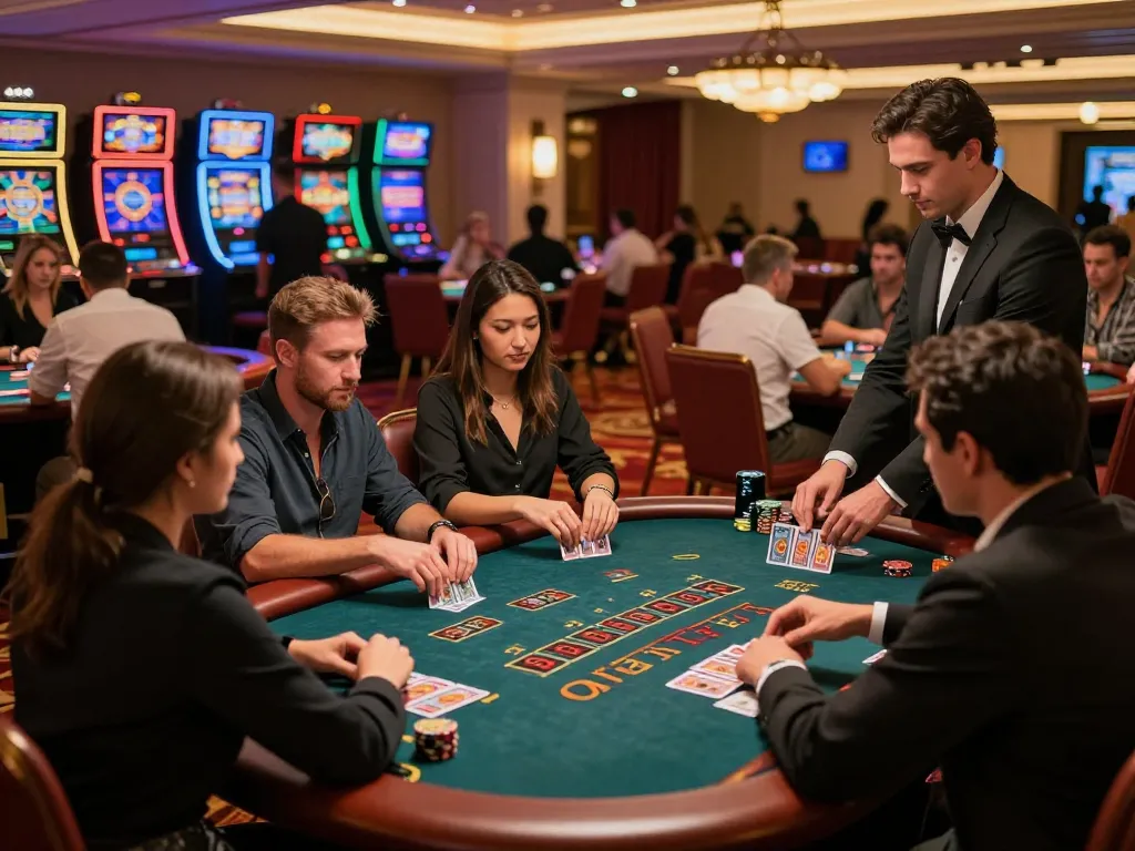 KK55 players engaged in intense blackjack gameplay with dealer revealing cards in a vibrant casino atmosphere.
