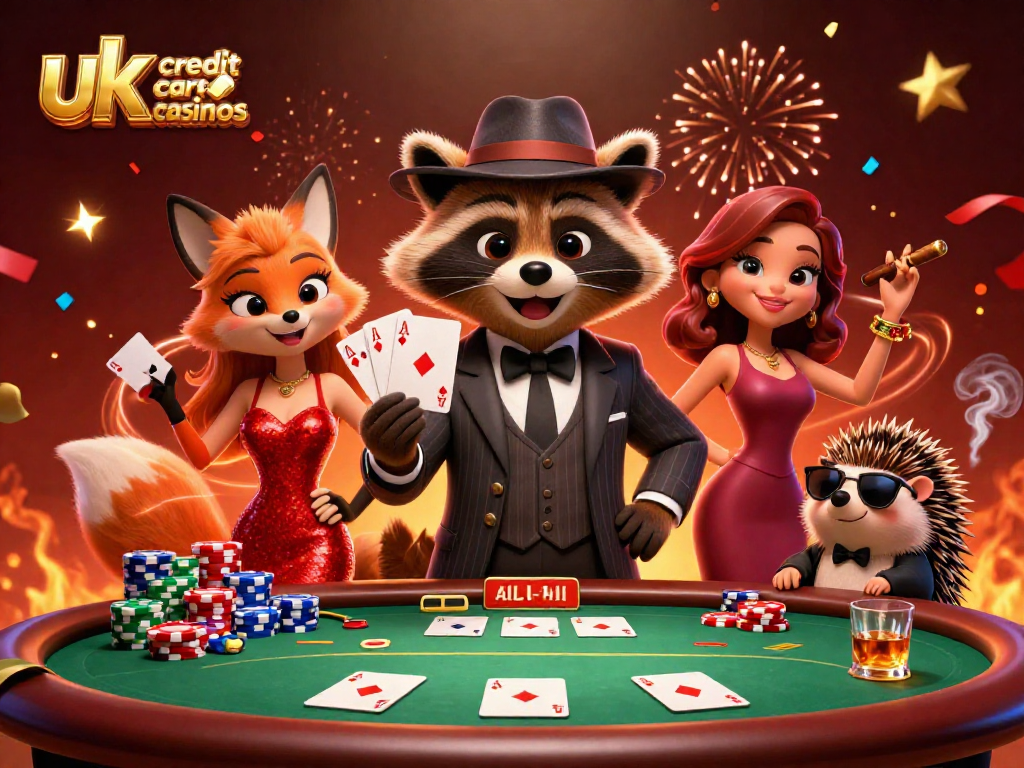 Experience the excitement at uk credit card casinos with a suave raccoon and his companions at a vibrant poker table.