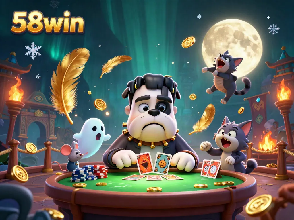Engage in thrilling gameplay with 58win as a bulldog dealer shuffles cards under ghostly lights.