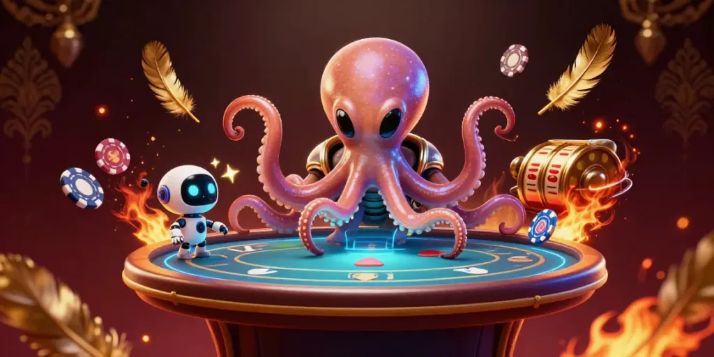 Experience thrilling action at rr88 with an alien octopus playing poker in a vibrant, cosmic casino scene.