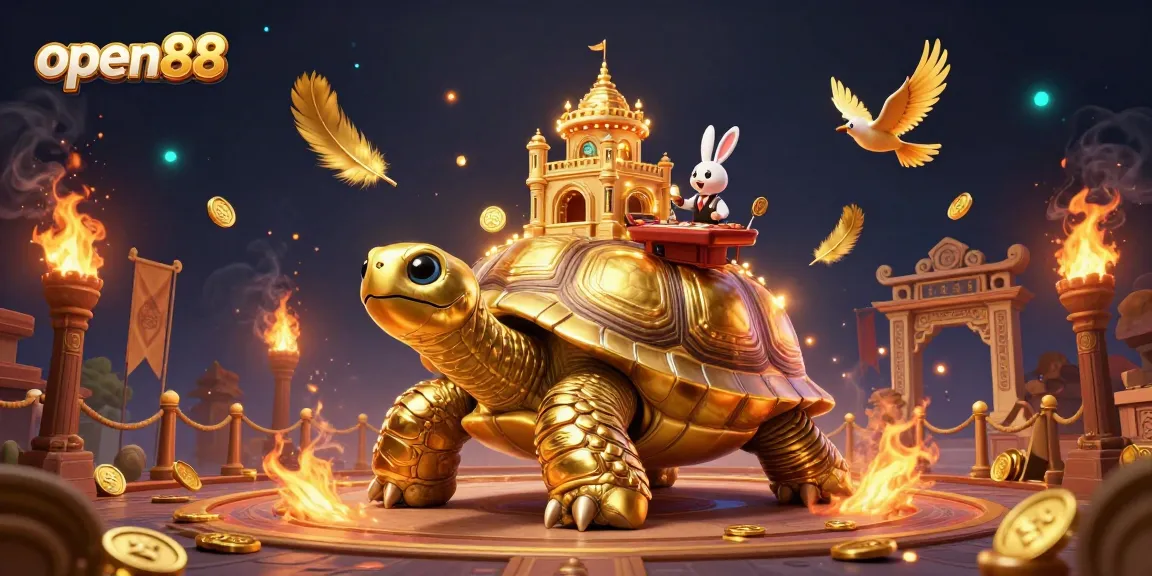 Engage with open88's vibrant casino world, where golden tortoises and coin-flying birds bring luck and strategy.